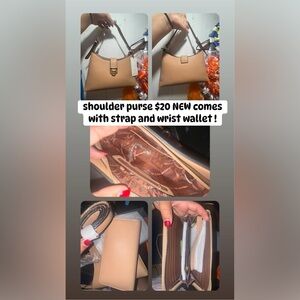 Elegant Tan Shoulder Bag with Strap and Wrist Wallet